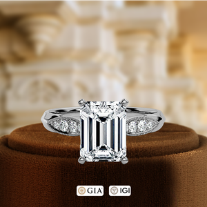 Anillo de compromiso con diamante esmeralda cultivado en laboratorio de 1 quilate certificado por IGI, anillo de boda de oro macizo de 14 quilates, anillo con diamantes redondos laterales para mujer - Product Image 2