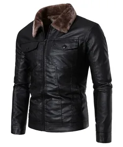 Veste de moto en cuir vintage lavée personnalisée de haute qualité pour hommes col montant avec logo brodé mode hivernale - Product Image 3