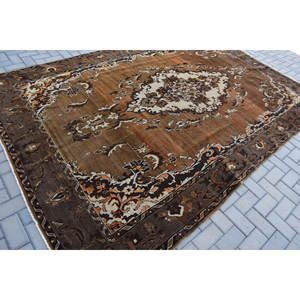 Vintage Traditional <b>Brown</b> and Beige Patchwork <b>Wool</b> Rug with Latex Backing 7.3 X 11.1 ft - Product Image 2