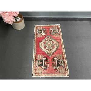 Turkish Rug, Small 1.6x3 ft Vintage Rug, <b>Red</b> Black Bordered <b>Wool</b> Rug - Product Image 5