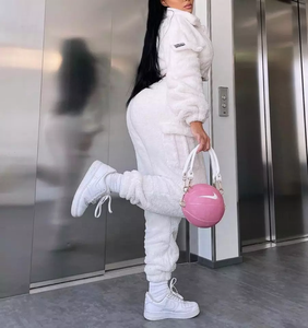 Chaqueta corta de lana gruesa para mujer, pantalones para correr, chándal informal, conjunto de dos piezas, traje de mujer, ropa de invierno 2022 - Product Image 2