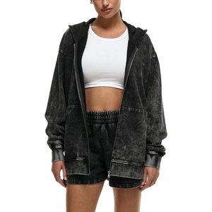 เสื้อฮู้ดซิปผู้หญิงแบบฟอกสี 500GSM ผ้าฝ้ายหนานุ่ม สตรีทแวร์ รับผลิตตามแบบ OEM แบรนด์ส่วนตัว โรงงานผู้ผลิต - Product Image 1