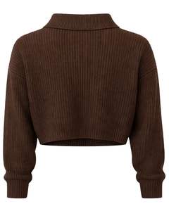 <b>Womens</b> Brown Ribbed Knit Cropped Polo Sweater With Button Placket Long Sleeve Soft Winter Fashion <b>Top</b> For <b>Women</b> Casual Wear <b>Warm</b> - Product Image 2