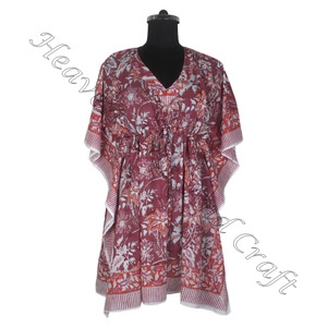 Bikini de playa caftán corto de crepé de algodón sin mangas para mujer con estampado de bloque de mano para fiesta ODM al por mayor - Product Image 6