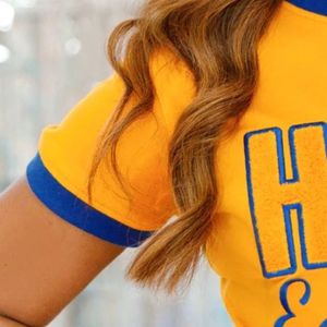 HBCU Women's Blue Gold Chenille <b>Tee</b> Premium Cotton T-<b>Shirt</b> Classic Fit Greek Apparel Soft Comfortable Stylish Embroidered Logo - Product Image 3
