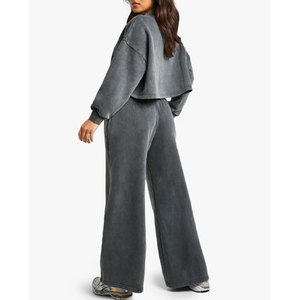 Conjunto de 2 piezas de forro polar de algodón para mujer, conjunto de chándal de gran tamaño para mujer, Conjunto de jogging transpirable con hombros caídos - Product Image 2