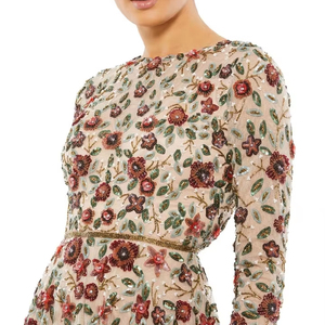 1980s Elegance Aqua Temptations Polyester Sequined Beaded Front Gown <b>Floor</b>-Length Full Sleeve Prom Dress Slit Parties evening go - Product Image 3