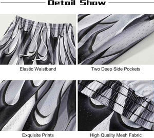 Shorts de basket-ball en maille à imprimé flamme noir et blanc personnalisés, légers, à séchage rapide, vêtements de sport pour hommes, pour la salle de sport ou la rue - Product Image 3