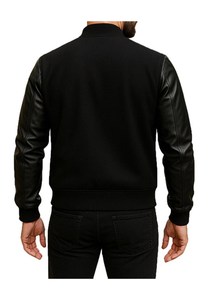 Chaqueta Bomber Negra para Hombre con Mangas de Cuero PU, Cuello Alto y Cierre de Botones, Estilo Casual para Otoño - Product Image 2