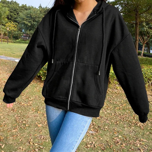 Autumn Fleece <b>Hoodie</b> Solid Color Hooded Korean Fashion Sweatshirts Long Sleeve Top Drawstring Pockets Loose <b>Zipper</b> <b>Black</b> Hoodies - Product Image 2