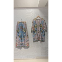 Ensemble coordonné numérique FUSION SL00247 – Hauts décontractés en mousseline florale à manches trois-quarts respirants pour femme, 2 pièces, FEROZE LILAC