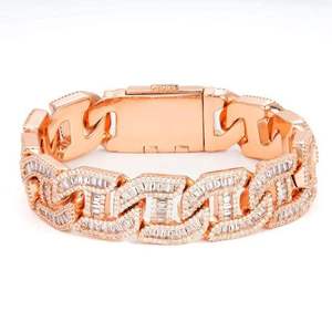 Pulsera de eslabones cubanos de moissanita de oro rosa de 15mm con joyería de diamantes de corte redondo y Baguette para hombres de Plata de Ley 925 - Product Image 1