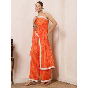 Ensemble coordonné en mousseline de soie imprimé feuilles <span class=keywords><strong>orange</strong></span> pour femme, <span class=keywords><strong>tunique</strong></span> asymétrique à une épaule avec pantalon palazzo, style indo-occidental - Product Image 3