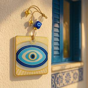 Amuleto Nazar de 14cm para colgar en la pared Hamsa Evil Eye de cristal hecho a mano con diseño azul y dorado para el hogar, la Oficina y el regalo - Product Image 5