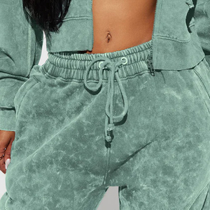 Ensemble de survêtement personnalisé avec logo, jogging épais, sweat à capuche splicé et délavé, sweat à capuche orné de strass, sweat à capuche court, ensemble de pantalons de survêtement amples - Product Image 5