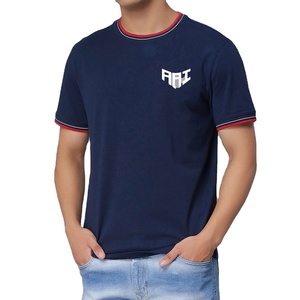 T-shirt pour homme bleu marine à bordures contrastées, 100% coton, col rond, décontracté, été, manches courtes, OEM, marque privée, fournisseur en gros - Product Image 1