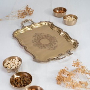 Poignées de plateau de service décoratives en laiton vintage |   Plateau rectangulaire en métal gravé pour le thé et les collations, pour la maison, l'hôtel, les mariages - Product Image 6