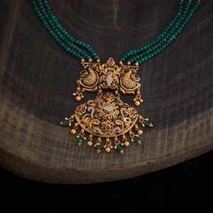 Silver Temple <b>Necklace</b> 170372 Ethnic Oxidised Gold Polish <b>Long</b>/Layered Beads Chain Ruby-Green Beads for Religious Ceremony Gift - Product Image 3