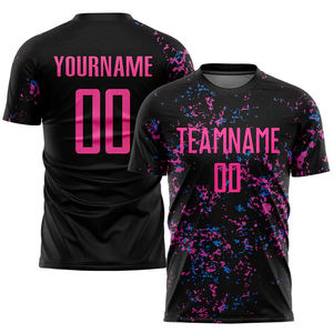 Camiseta de Fútbol Sublimada Personalizada, Negra con Detalles Rosa-Azul Claro, Top Deportivo Personalizado con Nombre y Número, 100% Poliéster - Product Image 2