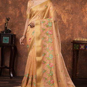 Saree en lin de créateur abricot léger élégant et élégant, parfait pour les fêtes et les mariages - Product Image 1