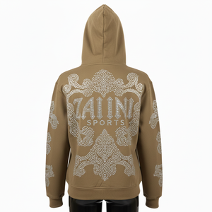 เสื้อฮู้ดดี้ผู้หญิงแบบมีซิป พรีเมียม ผ้าฝ้ายผสมโพลีเอสเตอร์ 320 GSM ขนฟลีซ สีน้ำตาล ประดับคริสตัลแบบรีดร้อน  รับสกรีนโลโก้ตามแบบ - Product Image 2
