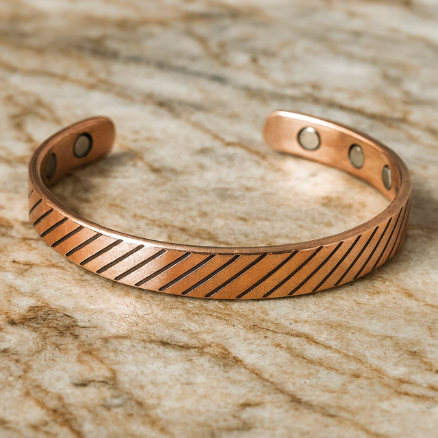 Handmade Pure Copper Magnetic Bracelet with Diagonal Line Design Adjustable Pain Relief Bangle for Men and Women