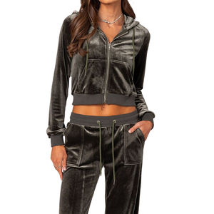 Ensemble survêtement en velours personnalisé deux pièces, pantalon évasé brodé, ensemble de sweat-shirts à capuche courts, fermeture éclair, strass, survêtement en velours pour femmes - Product Image 4