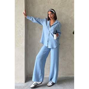 Pantalons et jupes pour femmes Topshow en lin bleu, produit en gros - Product Image 5