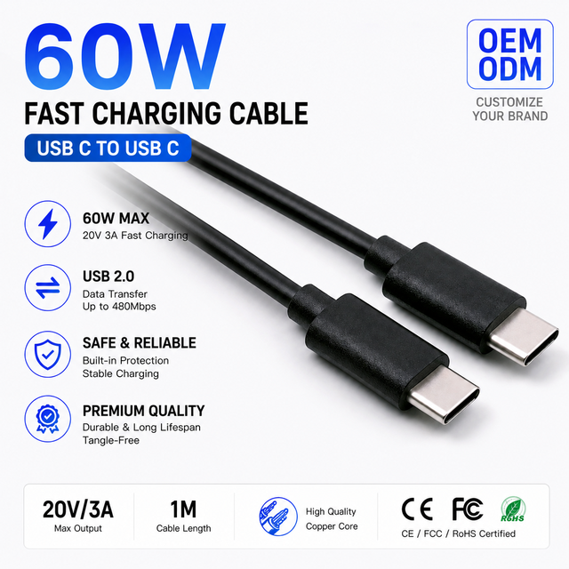 60W 20V 3A Cable Fast Charging USB 2.0 Data Transfer CE/FCC/RoHS Certified OEM ODM 1m Length White Black Custom Pvc Type C-USBC