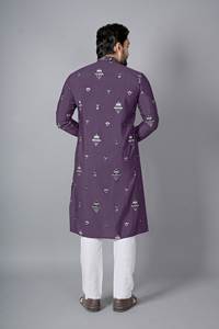 Royal Purple Chanderi Silk Men's Kurta Pajama Set with Embroidery - Product Image 2