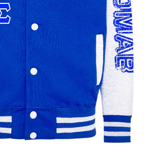 Veste universitaire bleue et blanche avec lettres grecques brodées 1914 G.O.W.A.R. Pull-over pour homme style preppy avec logo sur le devant - Product Image 5