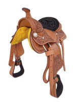 Selle Western pour enfants de 10 pouces en cuir de buffle 100 %, logo personnalisé, motif floral sculpté à la main, siège rembourré doux et durable, outillage personnalisé pour enfants