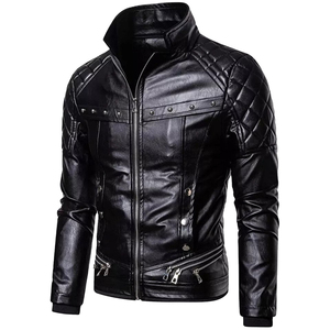 Veste en cuir noir matelassée pour homme, style 2026, avec col en fourrure, coupe ajustée, fermeture éclair avant et doublure chaude pour l'hiver - Product Image 4