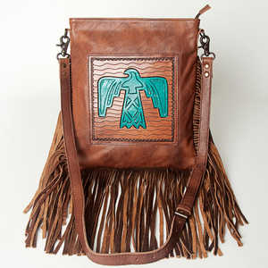 Sac à bandoulière à franges en cuir fait à la main Western Boho sac à bandoulière avec motif Thunderbird en relief pour les femmes - Product Image 1