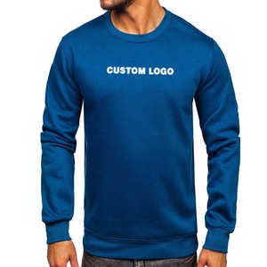 Sweat-shirt pour homme en coton bio, couleur unie bleu, col rond, avec logo personnalisé brodé, bordures côtelées, fabrication OEM - Product Image 3