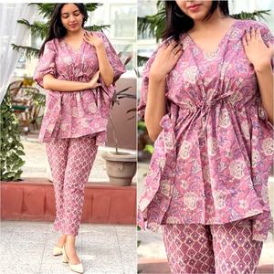 Caftan indien imprimé 100% coton fait main pour femmes ensemble deux pièces caftan et pantalon ensemble pour femmes au meilleur prix - Product Image 3