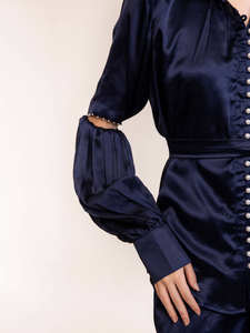 Midnight Blue Satin Co-ord Set Eco-Friendly Woven Summer Spring Casual Dresses with Cut-Out Sleeve <b>Detail</b> Pant Natural Waistline - Product Image 3