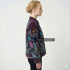 Bohemian Hand-Embroidered Suzani Winter Eco-Friendly <b>Women</b> Luxury Floral Pattern Ethnic Short Coat Vintage Style Black <b>Velvet</b> - Product Image 6