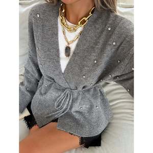 Women's <b>Wool</b> Long Print Cardigan with Embellished Tie-Front - Product Image 2