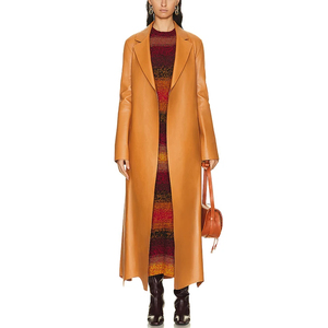 Abrigo de Cuero Color Naranja Atardecer, 100% Cuero de Cordero, Diseño de Última Moda, Abrigos Largos Personalizados de Alta Calidad para Mujer - Product Image 4
