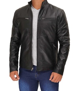 Customized Logo Design Printed <b>Black</b> Color Lambskin Leather Jackets Custom Winter Warm Heavy Weight Stand Up Collar Jackets - Product Image 3