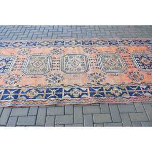 Grand tapis turc vintage 4,7x11,3 pieds, tapis persan bleu orange - Product Image 3