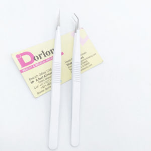 Meilleure pince à cils en acier inoxydable de haute qualité 14CM 45 degrés pince à épiler d'extension de faux cils droite mince poudre blanche - Product Image 1