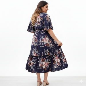 Robe mi-longue en georgette douce de luxe pour femmes Unity Luxure, style enveloppant, à fleurs, avec ceinture à nouer à la taille - Product Image 3