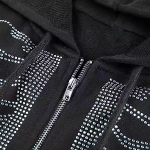 Sweat à capuche court zippé en molleton 100 % coton de haute qualité, avec strass, broderie vintage et finition délavée à l'acide - Séchage rapide - Product Image 4