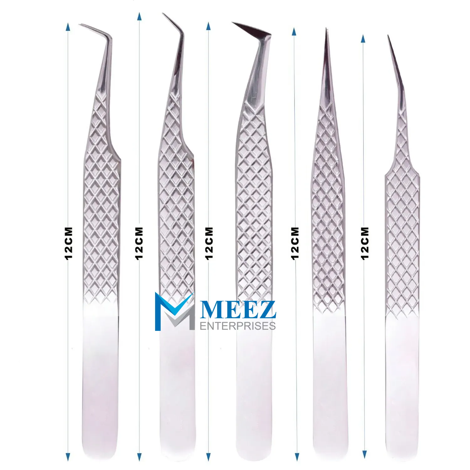 Set of 5 High Quality Stainless Steel Eyelash Extension Tweezers with Diamond Grip and Pointed Tips for Lash Artists
