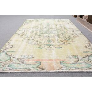 Vintage Turkish Rug Large Area 3.2 X 6.7ft <b>Yellow</b> Green <b>Wool</b> Abstract Patchwork Design for Hallway Rectangular Latex Room Rug - Product Image 3