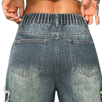 Jean ample décontracté en denim délavé bleu foncé pour femme, taille mi-haute, jambe large, respirant, avec patch étoile, style streetwear boutonné pour l'été