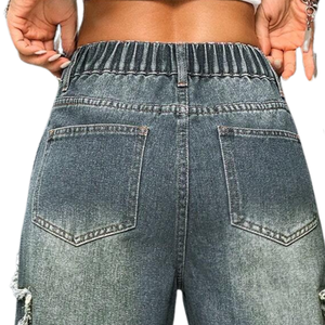 Jeans de Mujer Azul Oscuro de Cintura Media, Pierna Ancha, con Parches de Estrellas, Ajuste Holgado, Vaqueros Lavados, Pantalones de Mezclilla Casuales, Moda Urbana, Uso Diario 100% - Product Image 5