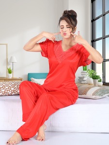 Ensemble de pyjamas en Satin d'été pour femmes à manches longues en soie glacée avec garniture en dentelle climatisation maison Wea printemps automne - Product Image 3